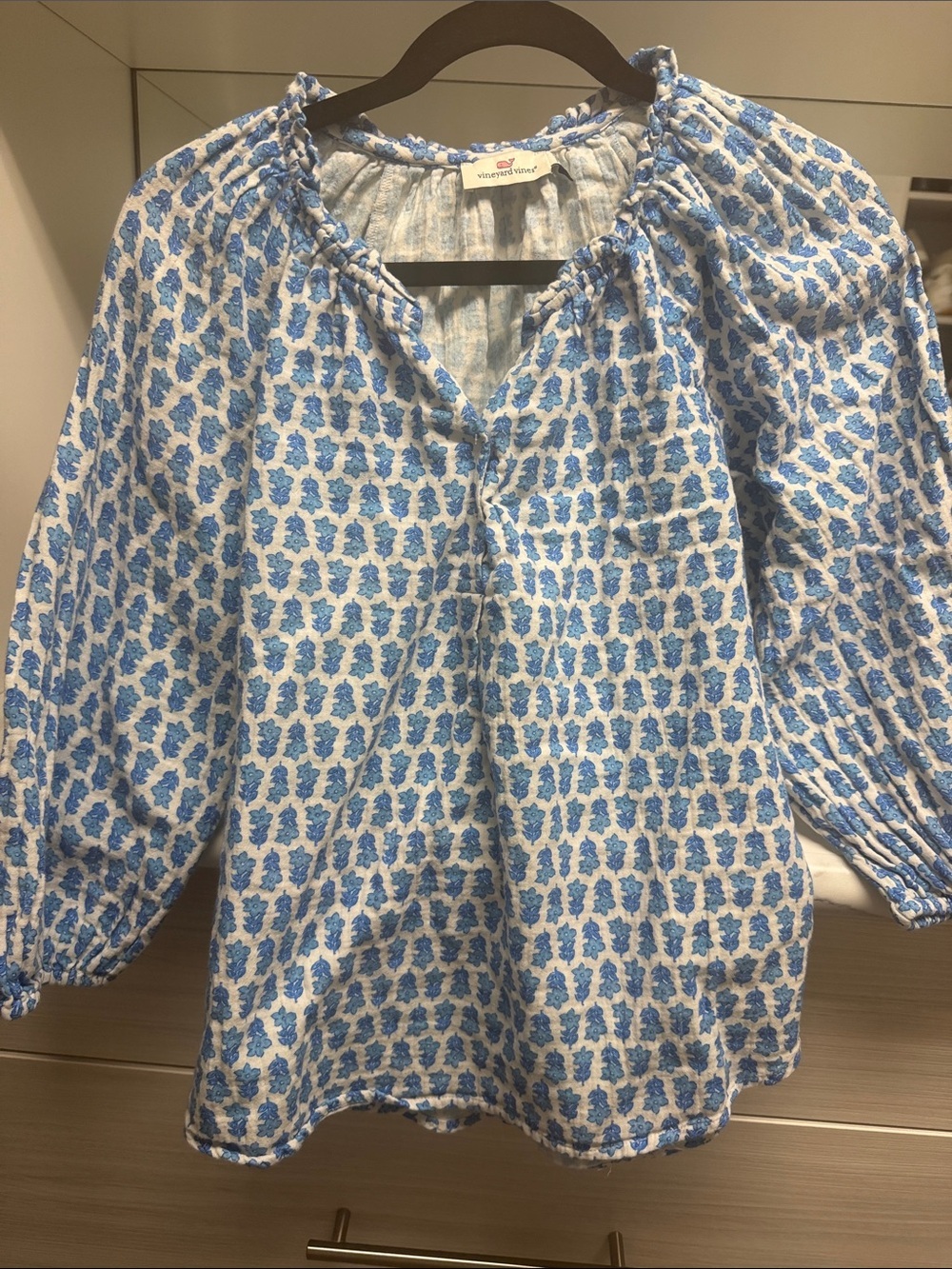 Vineyard Vines Girls' Blue and White Printed Peasant Blouse